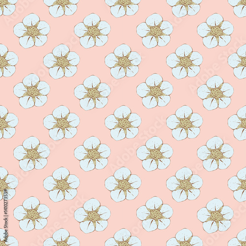 Floral seamless pattern with blue flowers on a pink background. Hand drawn botanical illustration in pastel colors.