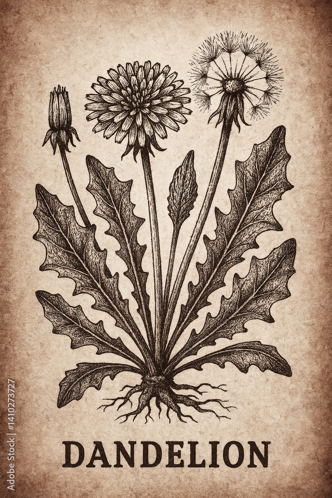 Detailed botanical illustration of dandelion leaves, flowers, and roots on textured background
