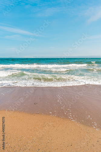 Background sea beach with waves and foam. Sandy beach and sea turquoise waves. Feeling of carelessness, enjoyment of freedom and happiness.