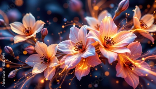 Luminous Flower Fusion: Design a mesmerizing composition of intertwining flowers with glowing edges, radiating warmth and brightness throughout.