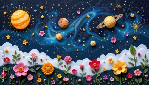 Celestial Earth Celebration: Design a celestial scene where planets in the universe are depicted with nature elements like stars made of leaves and planets resembling flowers.