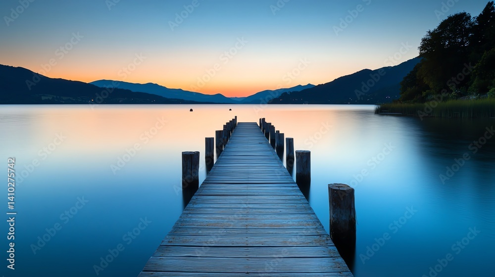 Fototapeta premium Wooden Pier Leading to Calm Lake at Dusk with Mountains Backdrop