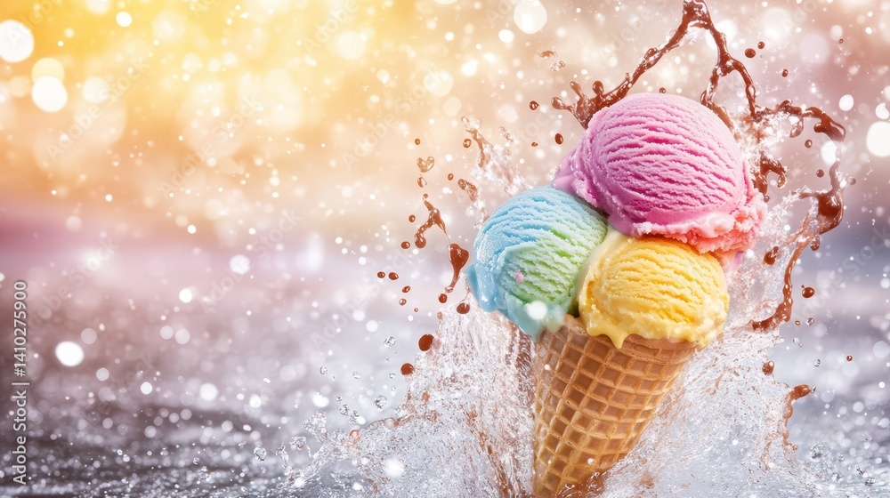 Joyful Scoop: A colorful ice cream cone with three scoops of refreshing ice cream bursts forth in a splash of water, capturing a feeling of joyful bliss