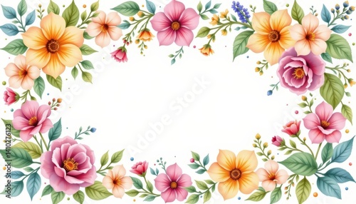 Watercolor Bloom Border: Illustrate a border of watercolor flowers and leaves with soft, blending colors around a central blank area for gentle elegance.