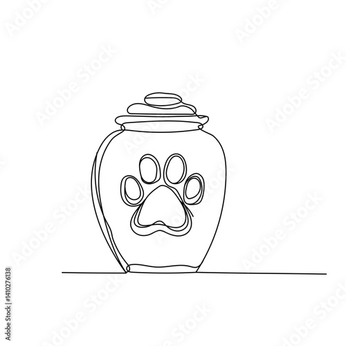 Pet memorial urn with paw print in one line minimalist drawing