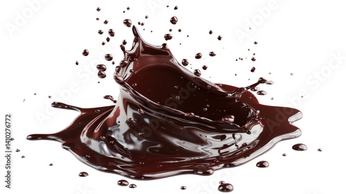 Realistic liquid chocolate long wave splash, enticing with its creamy richness, captures the essence of indulgence in a delectable treat. Isolated 3d brown splashing jet with droplets mid-air cut-out,