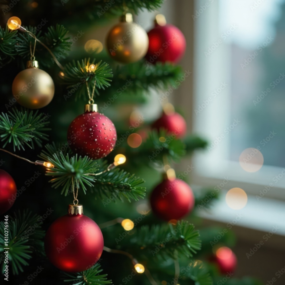 Fototapeta premium Evergreen Christmas tree with colorful ornaments and lights, tree decorations, festive