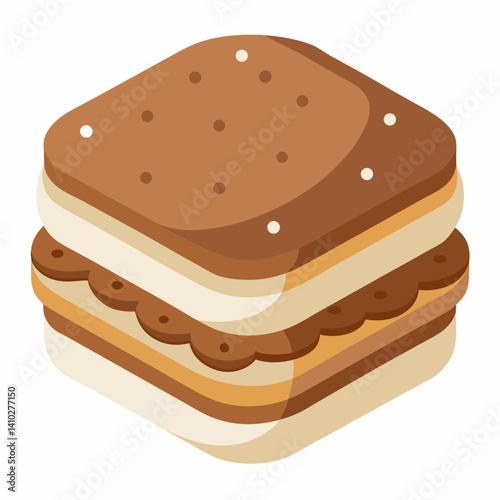 Isometric illustration of a sandwich icon, featuring layers of bread, lettuce, and other fillings in a 3D perspective.