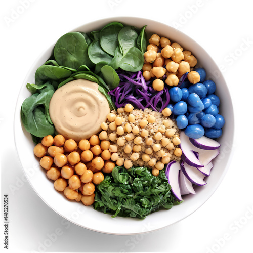 Delicious and colorful grain bowl with chickpeas spinach and tahini dressing healthy food concept on transparent background