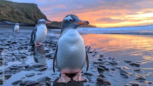 Gentoo penguins on a rocky beach at sunset.

