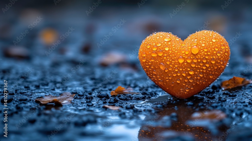 Fototapeta premium Vibrant orange heart with water droplets on a dark wet ground.