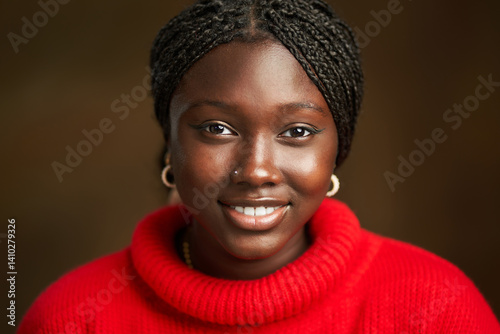 Young black woman smiling and showing confidence with braids and red sweater