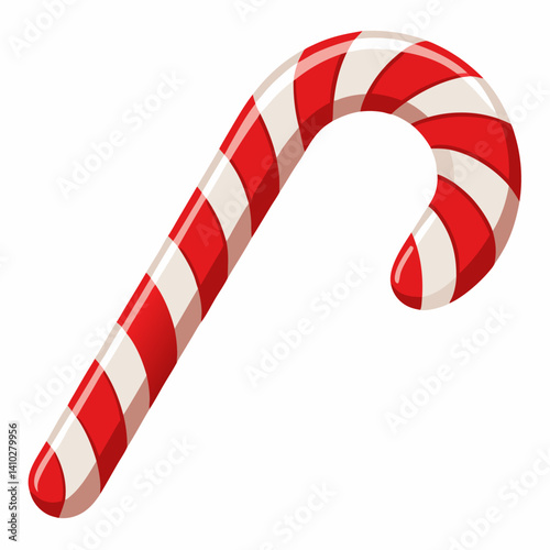 Candy cane with red and white stripes on a plain white background.