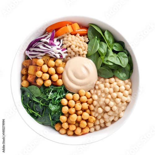 Healthy grain bowl with chickpeas spinach and tahini dressing for a nutritious meal option idea on transparent background