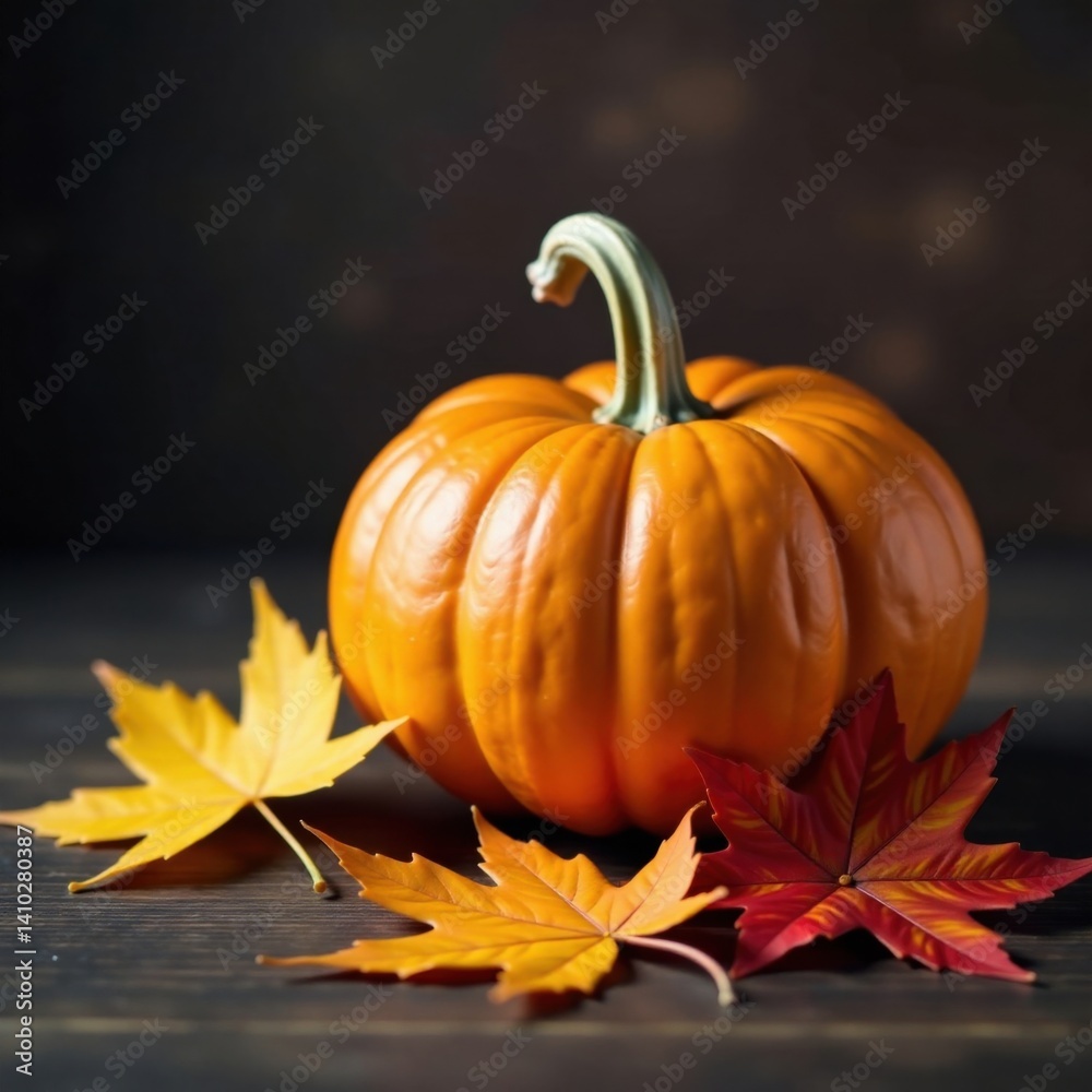 warm pumpkin and autumn leaf arrangement on a dark wooden table , decoration, wood, fall warm pumpkin and autumn leaf arrangement on a dark wooden table , decoration, wood, fall