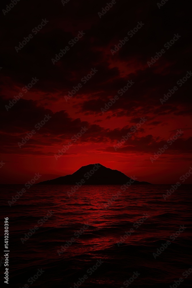 Dramatic Red Ocean Sunset with Island Silhouette Under Cloudy Sky Reflecting Apocalyptic Atmosphere for Halloween Designs Dramatic Red Ocean Sunset with Island Silhouette Under Cloudy Sky Reflecting Apocalyptic Atmosphere for Halloween Designs