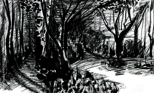 Hand drawn illustration of a forest, silhouette on a white background, sketch