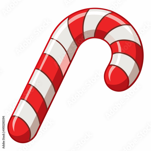 Candy cane with red and white stripes on a plain white background.