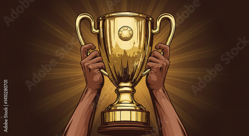 Hands holding football trophy, sketch style