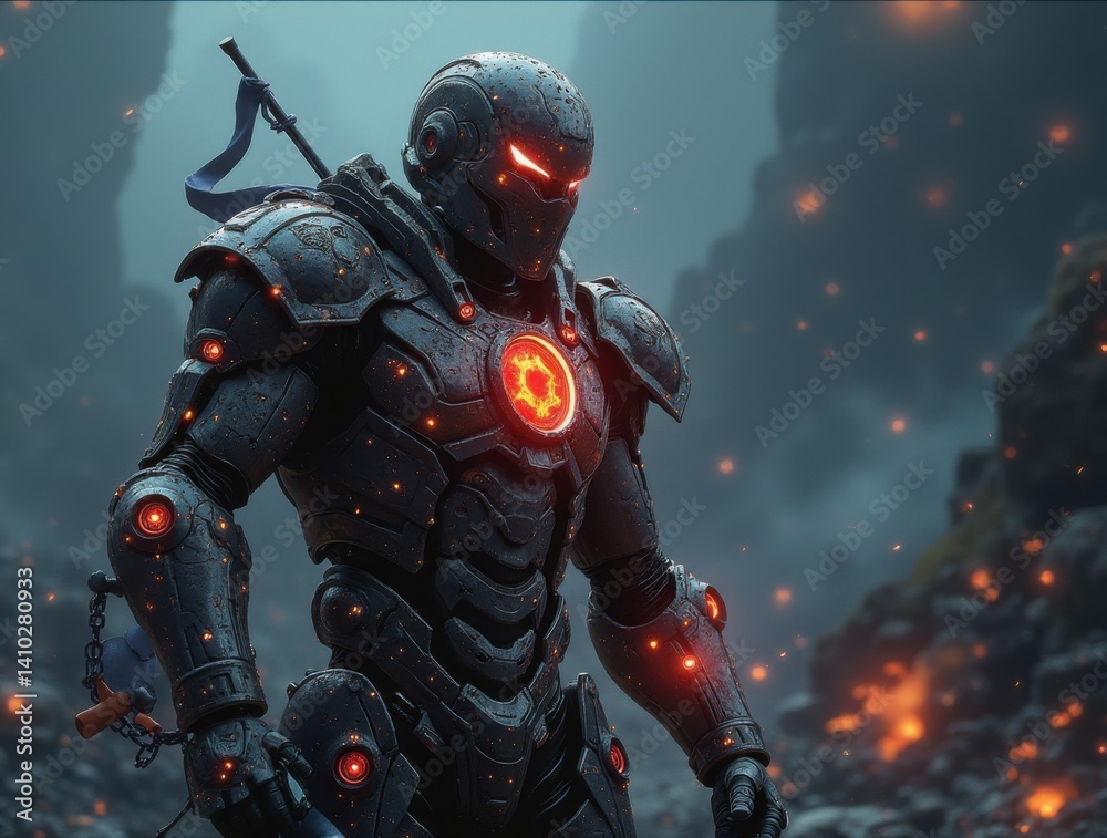 Naklejka premium Epic battle of futuristic warrior in volcanic landscape scene