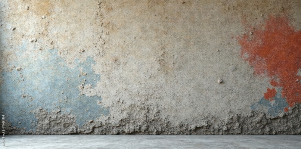 Fototapeta premium Weathered concrete wall featuring a mix of smooth and rough surfaces, background, worn