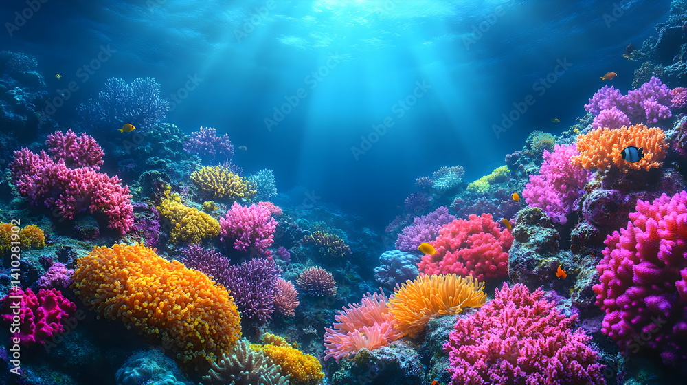 Fototapeta premium Vibrant Underwater Coral Reef Scene with Colorful Fish and Sunbeams
