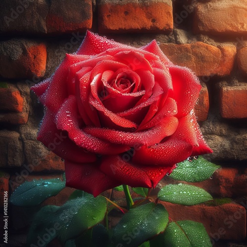Dew-Kissed Vibrant Red Rose Against a Rustic Brick Wall Backdrop