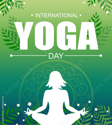 international yoga day banner with green background yoga girl letters and leaves and flowers