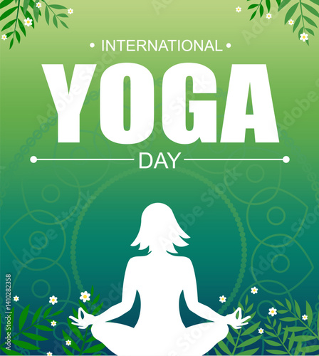 international yoga day banner with green background yoga girl and mandala