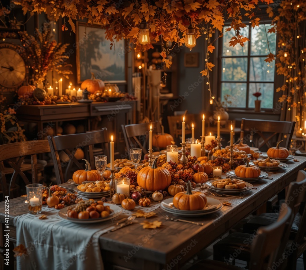 A rustic wooden table adorned with flickering candles of various heights, surrounded by vibrant orange pumpkins, creating a warm and inviting autumn ambiance perfect for seasonal gatherings. A rustic wooden table adorned with flickering candles of various heights, surrounded by vibrant orange pumpkins, creating a warm and inviting autumn ambiance perfect for seasonal gatherings.