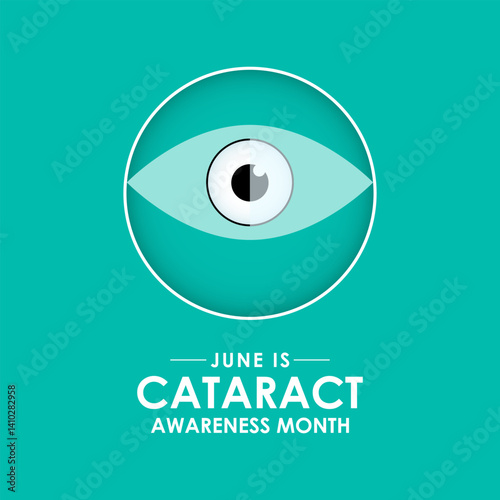 Cataract Awareness Month is observed annually in June.  A progressive clouding of the eye's lens, causing blurred or dimmed vision. Realistic Ribbon with eye's lens.Banner poster, flyer and background