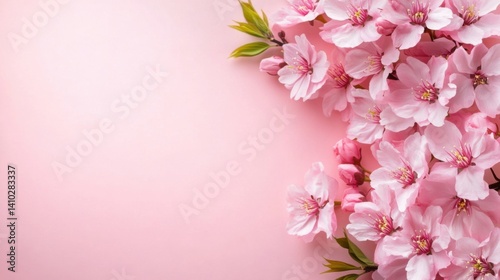 Wallpaper Mural Delicate Pink Cherry Blossoms on Soft Pink Background with Lush Green Leaves for Spring Floral Decoration Torontodigital.ca