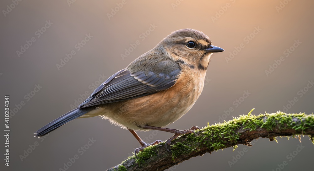 Fototapeta premium Bird Perched on Mossy Branch in Natural Habitat