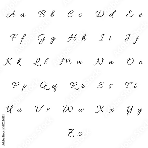 Elegant cursive English alphabet featuring uppercase and lowercase letters in a flowing calligraphy script for decorative designs