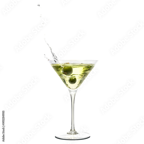 Classic martini beverage with green olives and splash on black background for cocktail lovers on transparent background