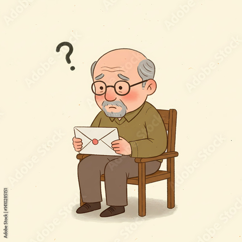 Grandfather checking email. Confused Senior Man Holding Letter Against Cream Background