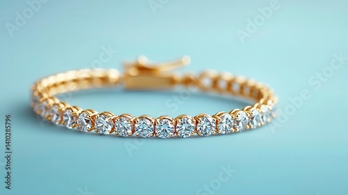 Artistic handcrafted tennis bracelet with a butterflyinspired diamond motif, isolated on a pastel blue background photo