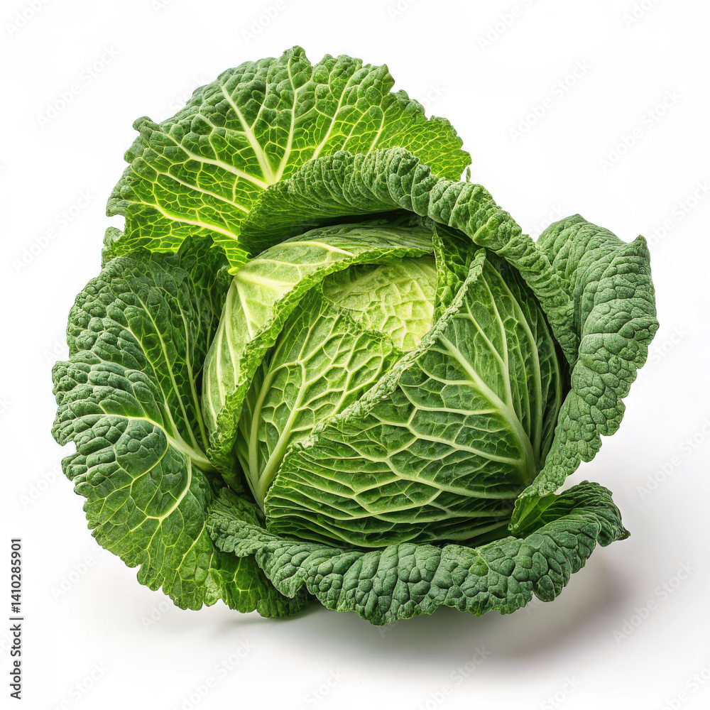 Fototapeta premium A fresh head of organic savoy cabbage isolated on a white background provides a healthy raw vegetable ingredient for a vegetarian diet straight from the garden