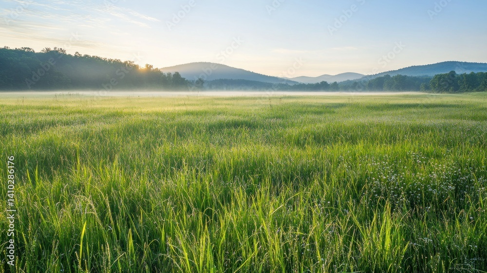 A beautiful misty meadow bathed in soft morning sunlight A beautiful misty meadow bathed in soft morning sunlight