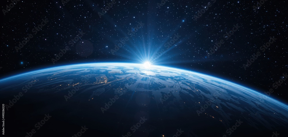 Obraz premium A breathtaking view of Earth from space, showcasing vibrant blue oceans, swirling white clouds, and lush green landmasses, all set against the vast, dark backdrop of the cosmos.