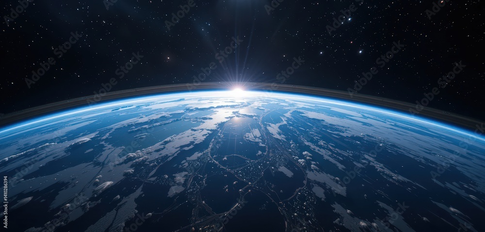 Fototapeta premium A breathtaking view of Earth from space, showcasing vibrant blue oceans, swirling white clouds, and lush green landmasses, all set against the vast, dark expanse of the universe.