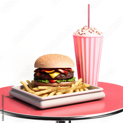 Delicious burger with fries and milkshake for fast food meal on pink table in restaurant setting on transparent background