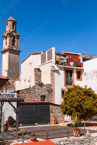 a church tower in a small town .La vall de gallinera, Alicante, Spain
