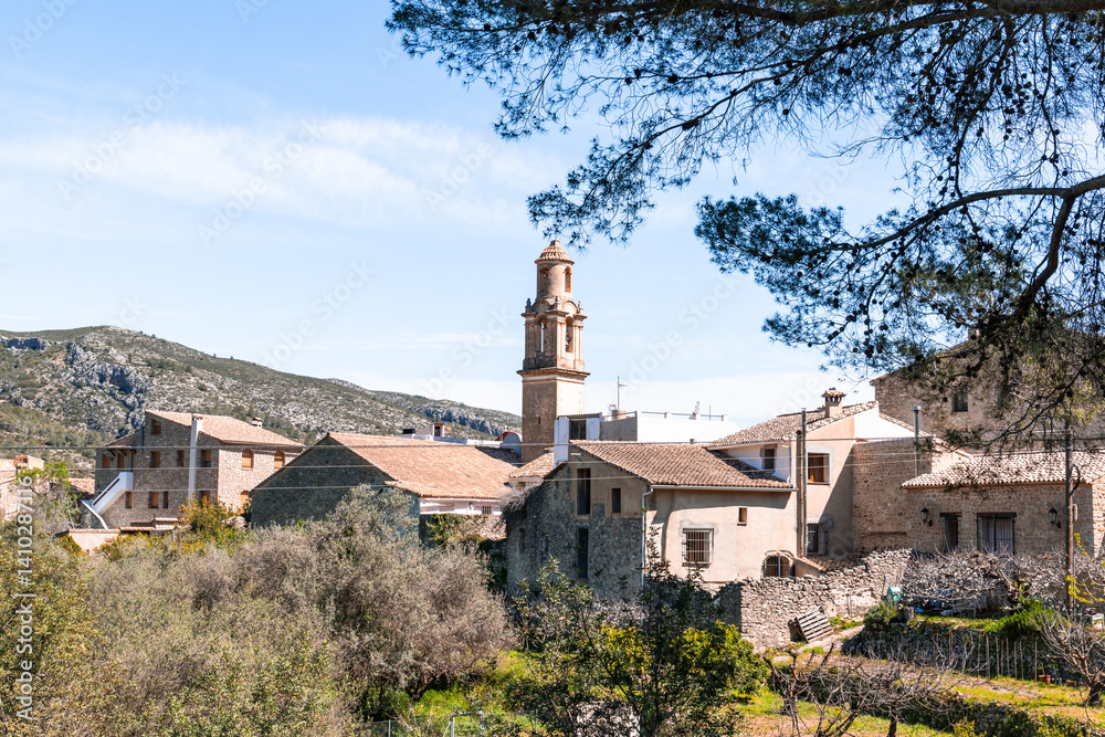 a view of a village in the mountains .La vall de gallinera, Alicante, Spain