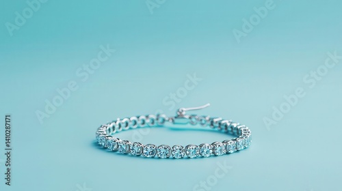 Artistic handcrafted tennis bracelet with a butterflyinspired diamond motif, isolated on a pastel blue background photo