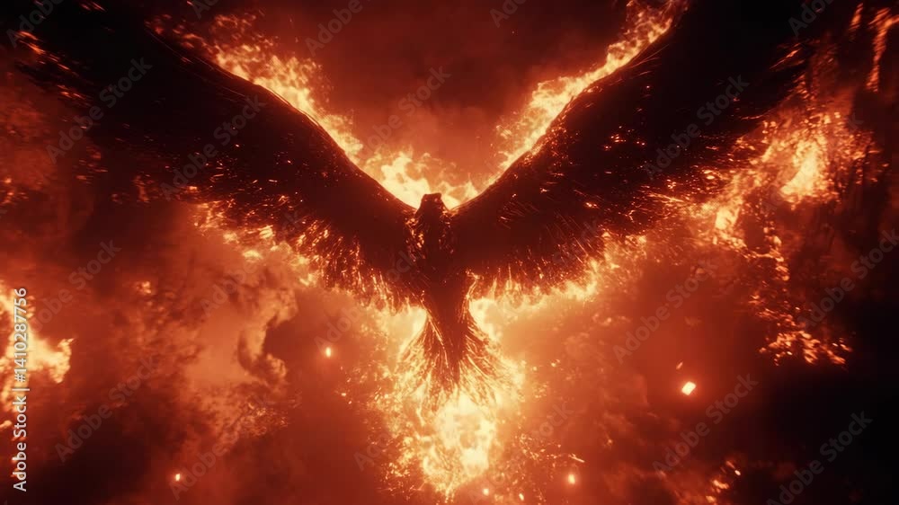 Fiery bird with outstretched wings in a bright red sky emanating heat and inferno effects.