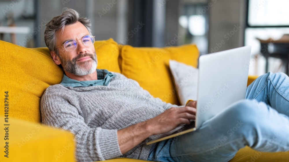 Fototapeta premium A relaxed man with glasses enjoys working on a laptop while seated on a cozy yellow couch, creating a warm and inviting atmosphere.