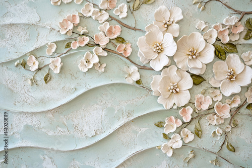 Vintage style floral ornament - delicate flowers and wavy patterns, executed in muted shades, give the interior a romantic atmosphere photo