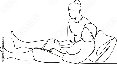 One continuous single drawing line art flat doodle patient, nurse, senior, hospital, doctor, medical, support. Isolated image hand draw contour on a white background, hand drawn, not AI