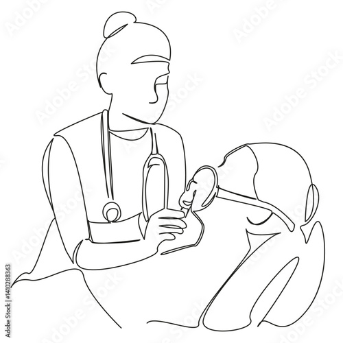 One continuous single drawing line art flat doodle breathing, nurse, patient, hospital, doctor, oxygen. Isolated image hand draw contour on a white background, hand drawn, not AI